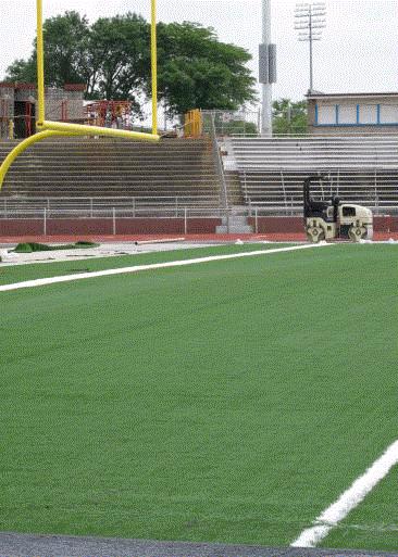 An eastward view of the north end zone at Kingston Stadium. The majority of the field is covered with Field Turf. (Photo by Jeff Linder)